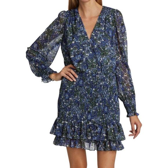 VERONICA BEARD Saera Floral Minidress Dress Size 14 Blue Multi Smocked Romantic - Picture 4 of 11